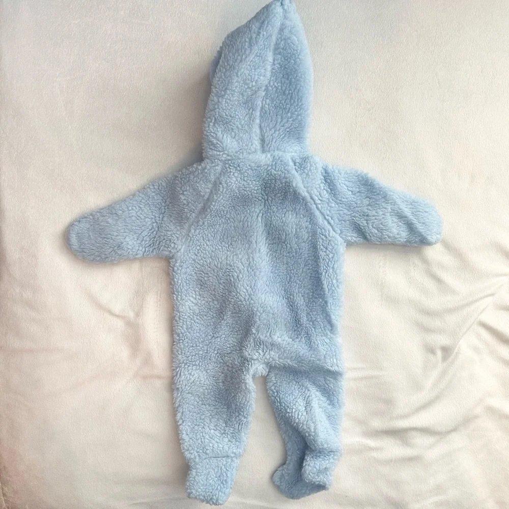 Vtg Paddington Baby Blue Fuzzy Sherpa Hooded Footie Outfit 0-6M bodysuit snow